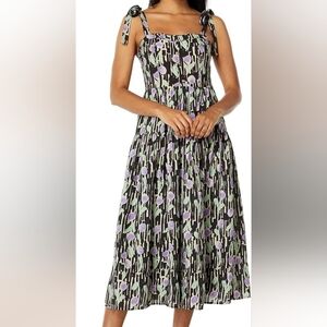 Moon River Anthropologie Woven Printed Tiered Midi Dress Tied Straps Black Large